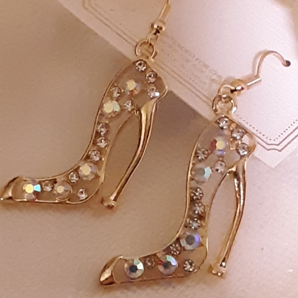 Hollow Heel Gold Irradecent Dangle Earrings NEW RHINESTONE - Picture 2 of 11